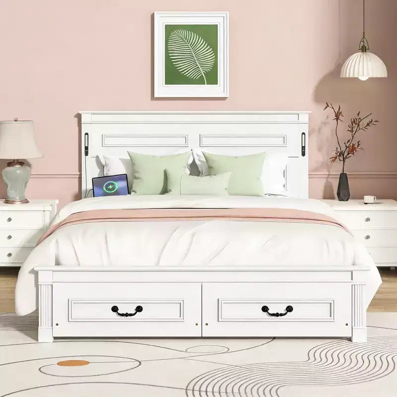 Lit moderne en bois Luxystar avec tête de lit haute, pied de lit, 2 tiroirs de rangement et lumières