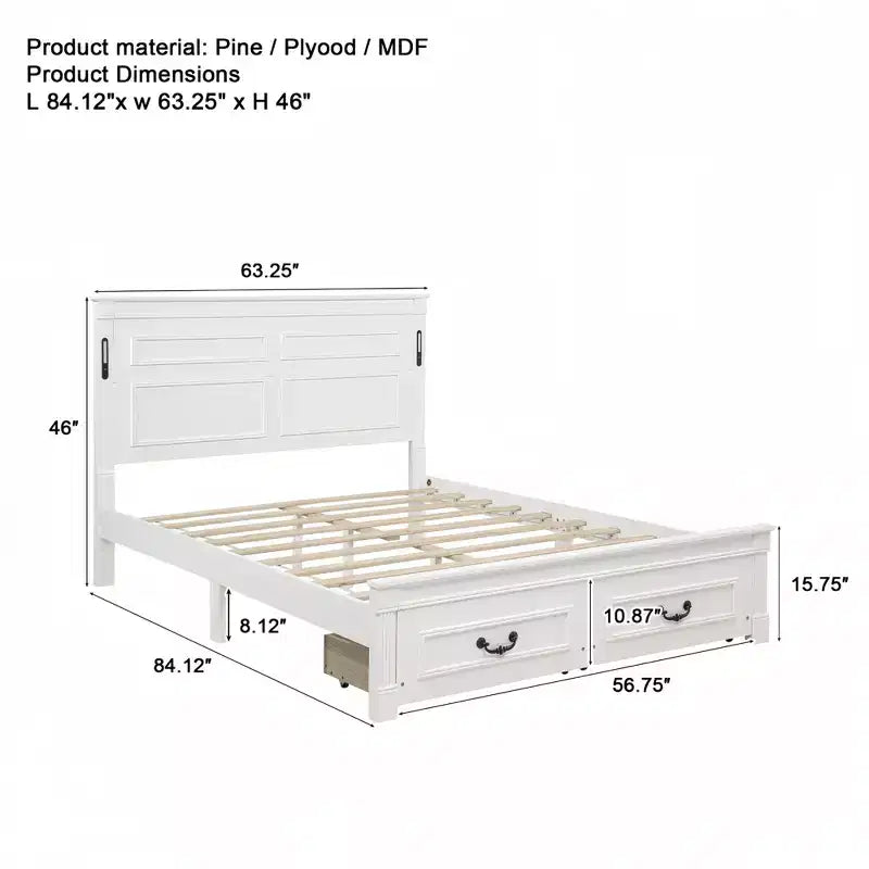 Lit moderne en bois Luxystar avec tête de lit haute, pied de lit, 2 tiroirs de rangement et lumières