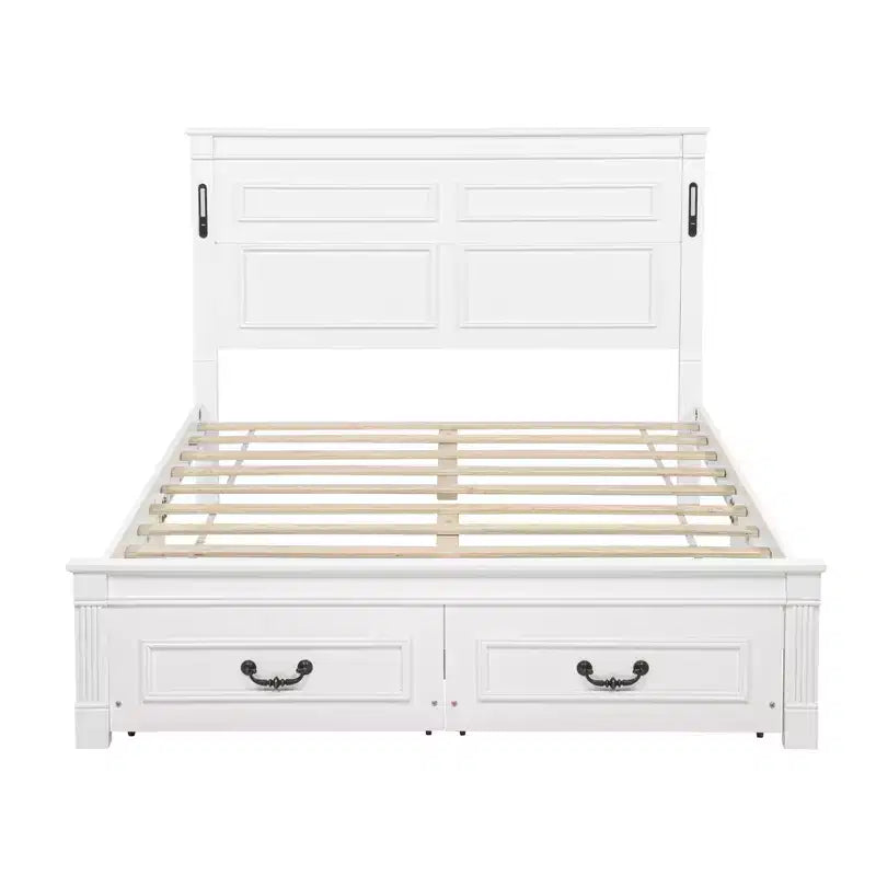 Lit moderne en bois Luxystar avec tête de lit haute, pied de lit, 2 tiroirs de rangement et lumières