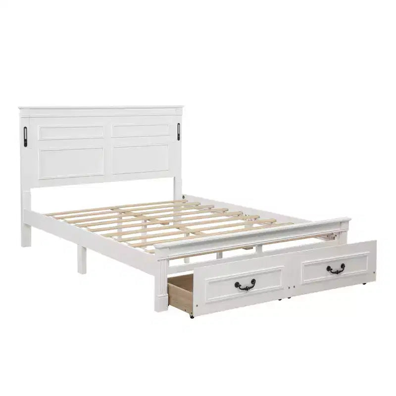 Lit moderne en bois Luxystar avec tête de lit haute, pied de lit, 2 tiroirs de rangement et lumières