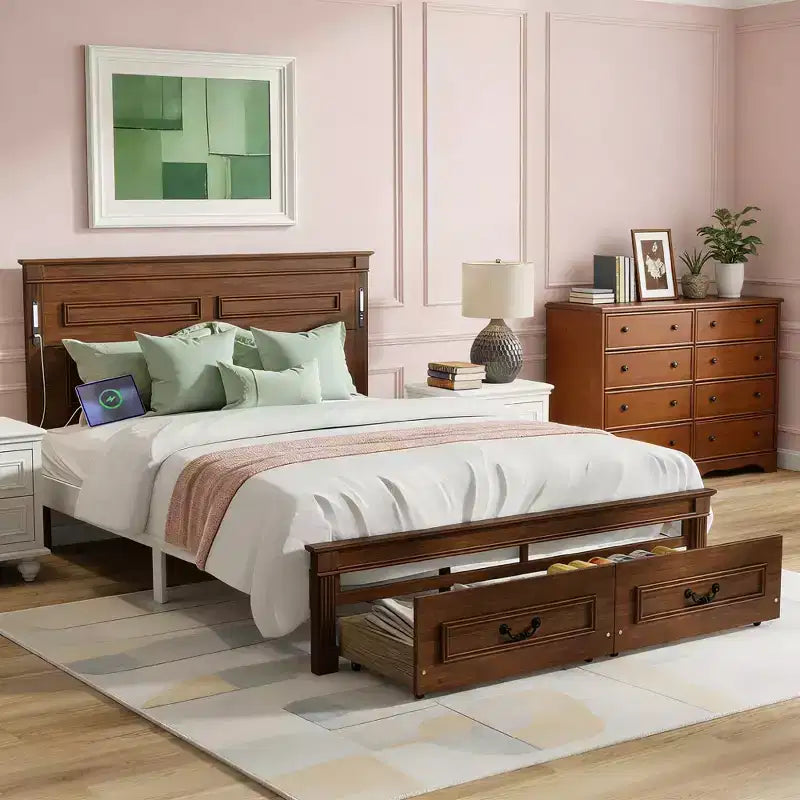 Luxystar Modern Wooden Bed with Tall-Panel Headboard, Footboard, 2 Storage Drawers and Lights