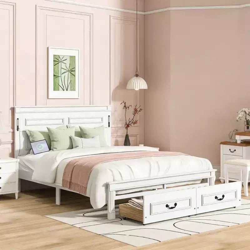Lit moderne en bois Luxystar avec tête de lit haute, pied de lit, 2 tiroirs de rangement et lumières