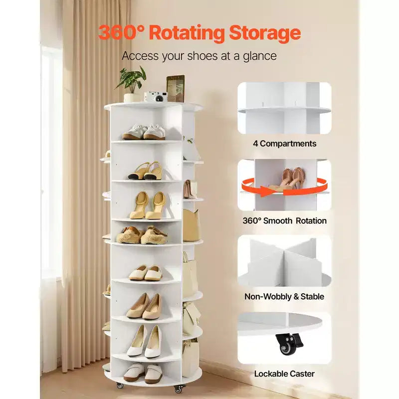 VEVOR Tour de rangement à chaussures rotative à 7 niveaux avec étagères réglables, présentoir carrousel rotatif à 360° avec roues, organisateur de placard Lazy Susan, blanc