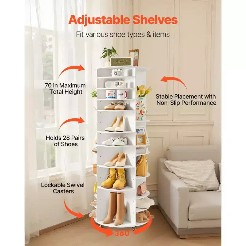 VEVOR Tour de rangement à chaussures rotative à 7 niveaux avec étagères réglables, présentoir carrousel rotatif à 360° avec roues, organisateur de placard Lazy Susan, blanc
