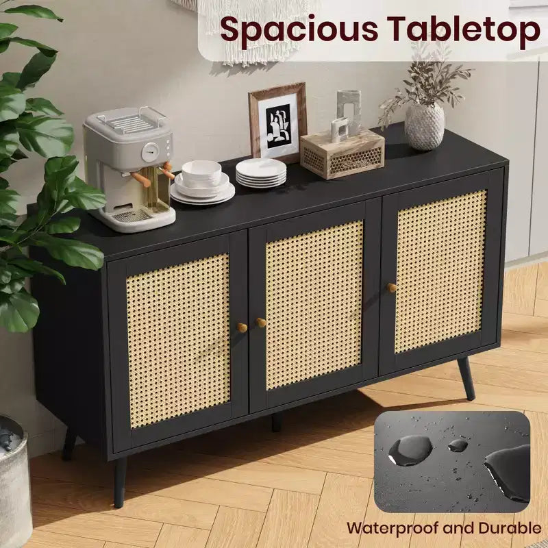Meuble Buffet en Rotin, Meuble de Rangement avec Étagères Réglables, Commodes, Meuble à Café pour Salon, Entrée, Cuisine, Salle à Manger