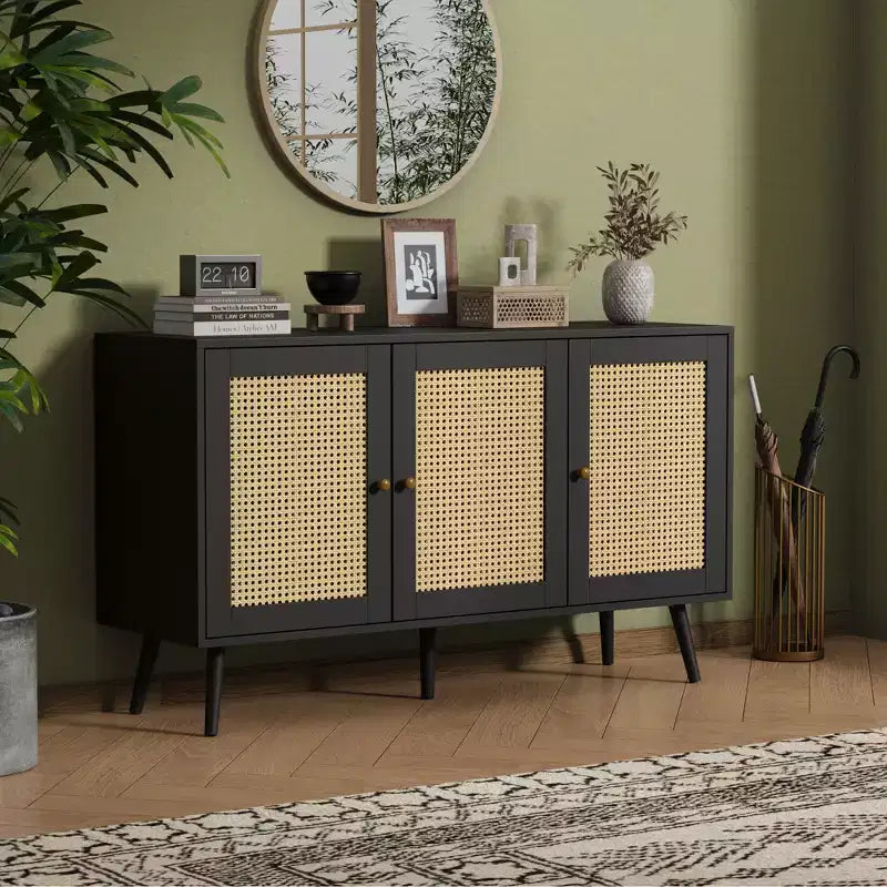 Meuble Buffet en Rotin, Meuble de Rangement avec Étagères Réglables, Commodes, Meuble à Café pour Salon, Entrée, Cuisine, Salle à Manger