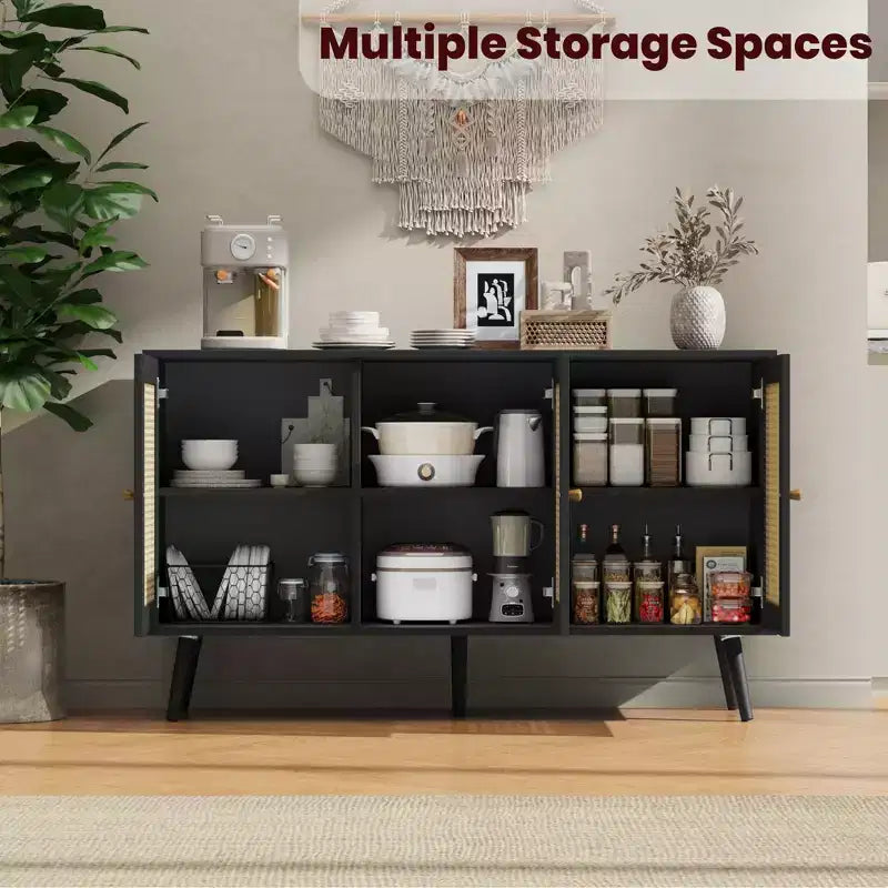 Meuble Buffet en Rotin, Meuble de Rangement avec Étagères Réglables, Commodes, Meuble à Café pour Salon, Entrée, Cuisine, Salle à Manger