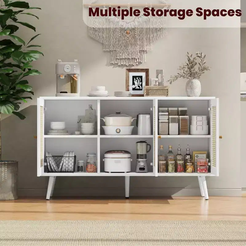 Meuble Buffet en Rotin, Meuble de Rangement avec Étagères Réglables, Commodes, Meuble à Café pour Salon, Entrée, Cuisine, Salle à Manger