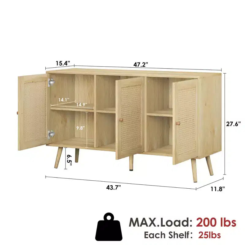 Meuble Buffet en Rotin, Meuble de Rangement avec Étagères Réglables, Commodes, Meuble à Café pour Salon, Entrée, Cuisine, Salle à Manger