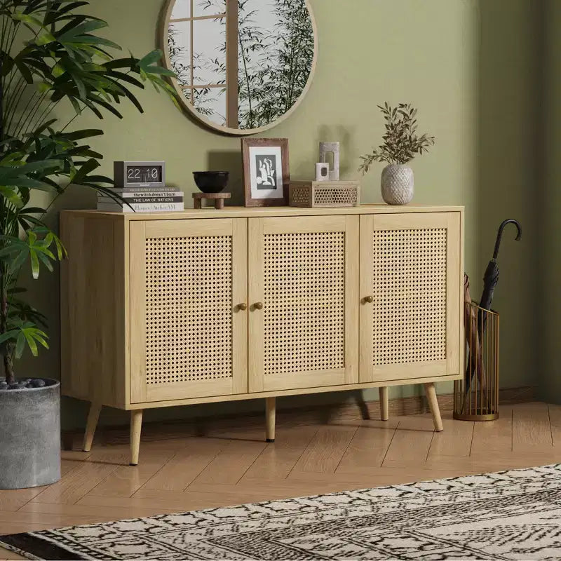 Meuble Buffet en Rotin, Meuble de Rangement avec Étagères Réglables, Commodes, Meuble à Café pour Salon, Entrée, Cuisine, Salle à Manger