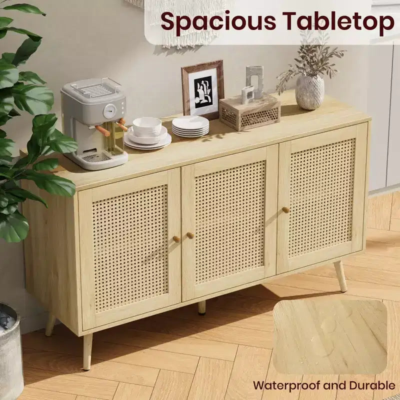 Meuble Buffet en Rotin, Meuble de Rangement avec Étagères Réglables, Commodes, Meuble à Café pour Salon, Entrée, Cuisine, Salle à Manger