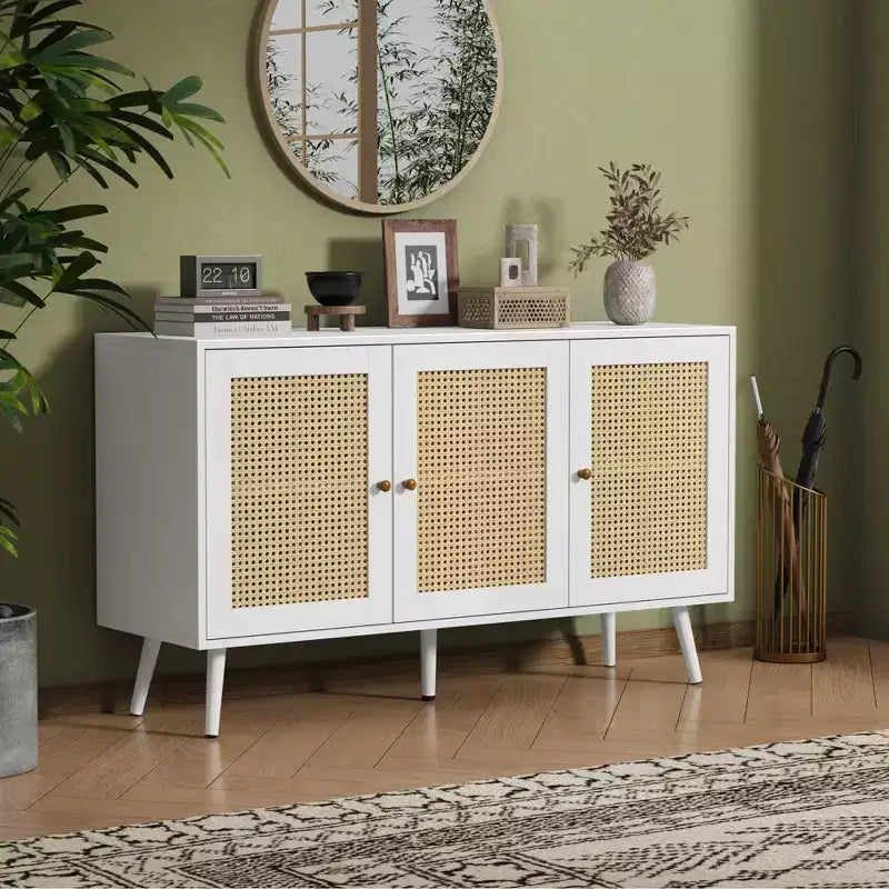 Meuble Buffet en Rotin, Meuble de Rangement avec Étagères Réglables, Commodes, Meuble à Café pour Salon, Entrée, Cuisine, Salle à Manger