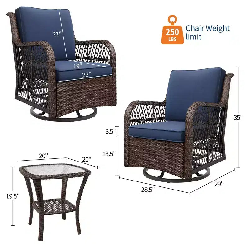 Fauteuils de jardin pivotants en osier, fauteuil à bascule pivotant à 360 degrés, 4 coussins épais et table basse, pour porche, balcon