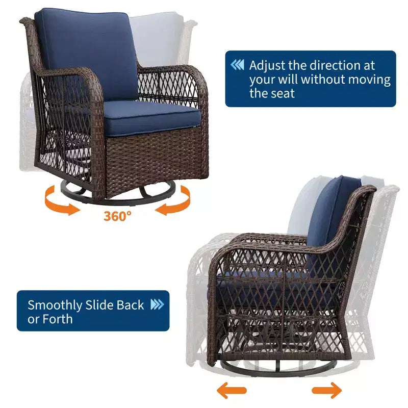 Fauteuils de jardin pivotants en osier, fauteuil à bascule pivotant à 360 degrés, 4 coussins épais et table basse, pour porche, balcon