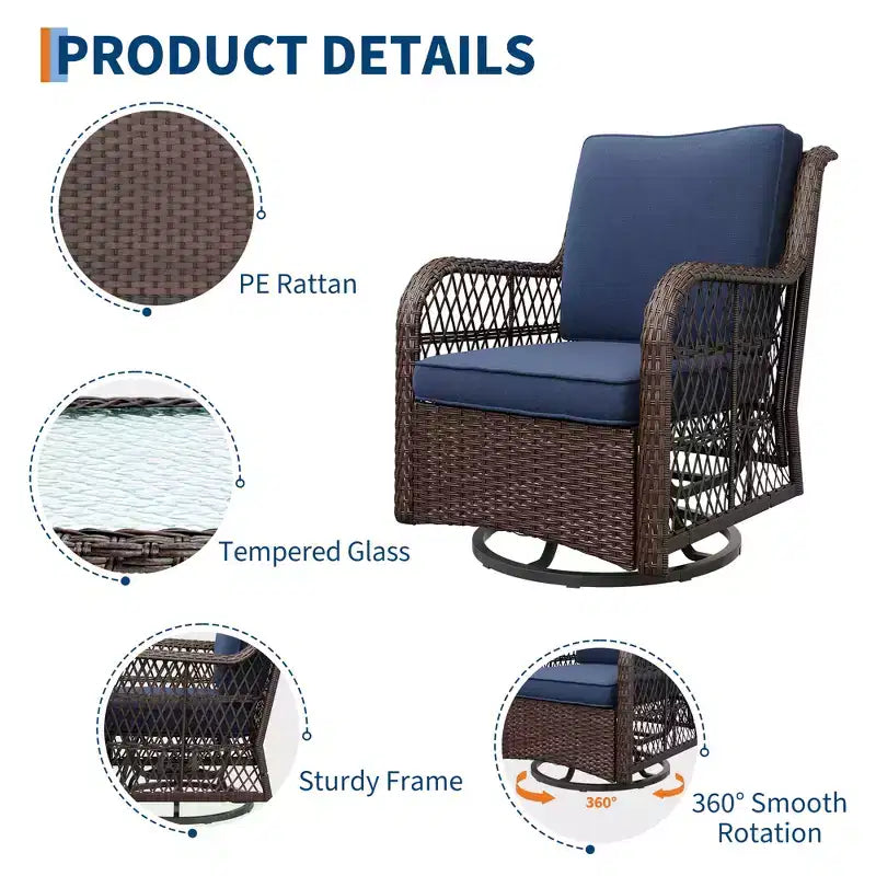Fauteuils de jardin pivotants en osier, fauteuil à bascule pivotant à 360 degrés, 4 coussins épais et table basse, pour porche, balcon