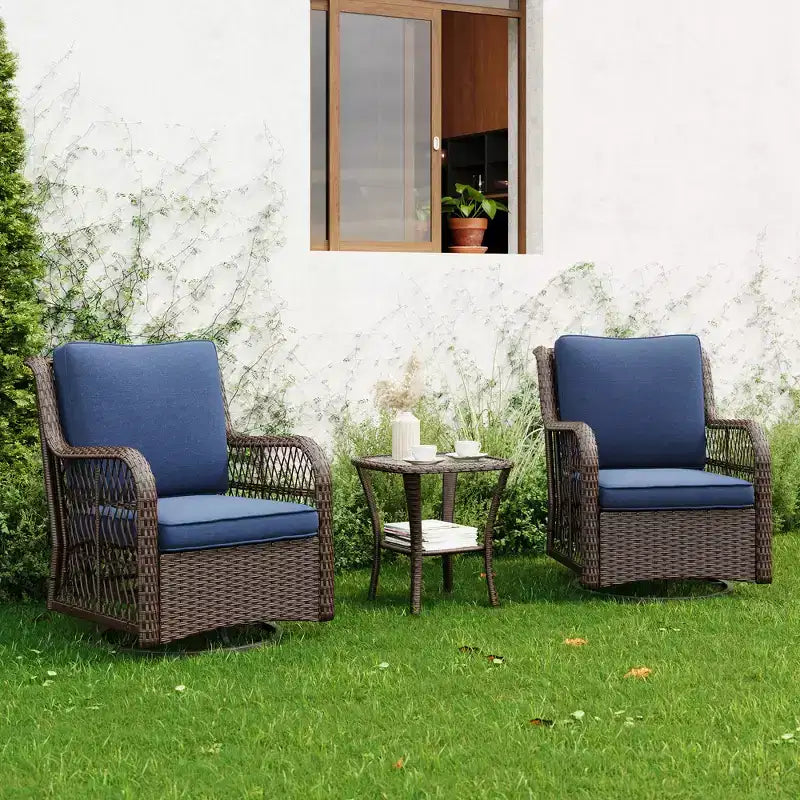 Fauteuils de jardin pivotants en osier, fauteuil à bascule pivotant à 360 degrés, 4 coussins épais et table basse, pour porche, balcon