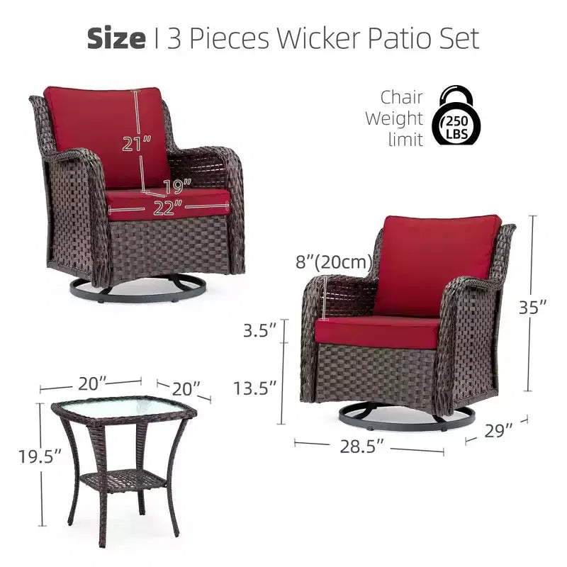 Fauteuils de jardin pivotants en osier, fauteuil à bascule pivotant à 360 degrés, 4 coussins épais et table basse, pour porche, balcon