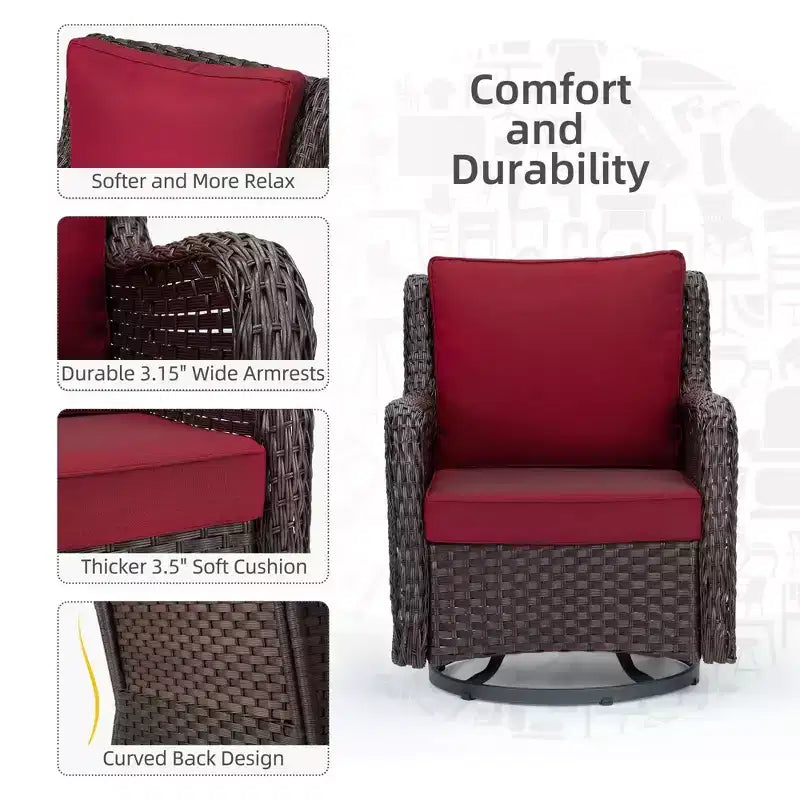 Fauteuils de jardin pivotants en osier, fauteuil à bascule pivotant à 360 degrés, 4 coussins épais et table basse, pour porche, balcon