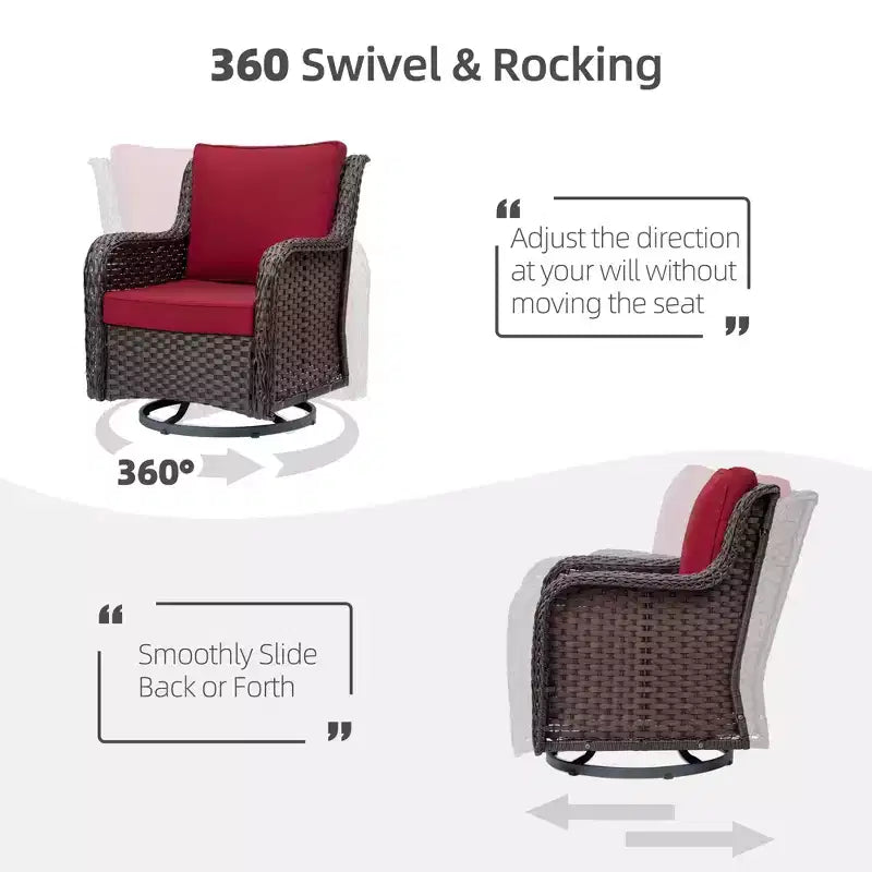 Fauteuils de jardin pivotants en osier, fauteuil à bascule pivotant à 360 degrés, 4 coussins épais et table basse, pour porche, balcon