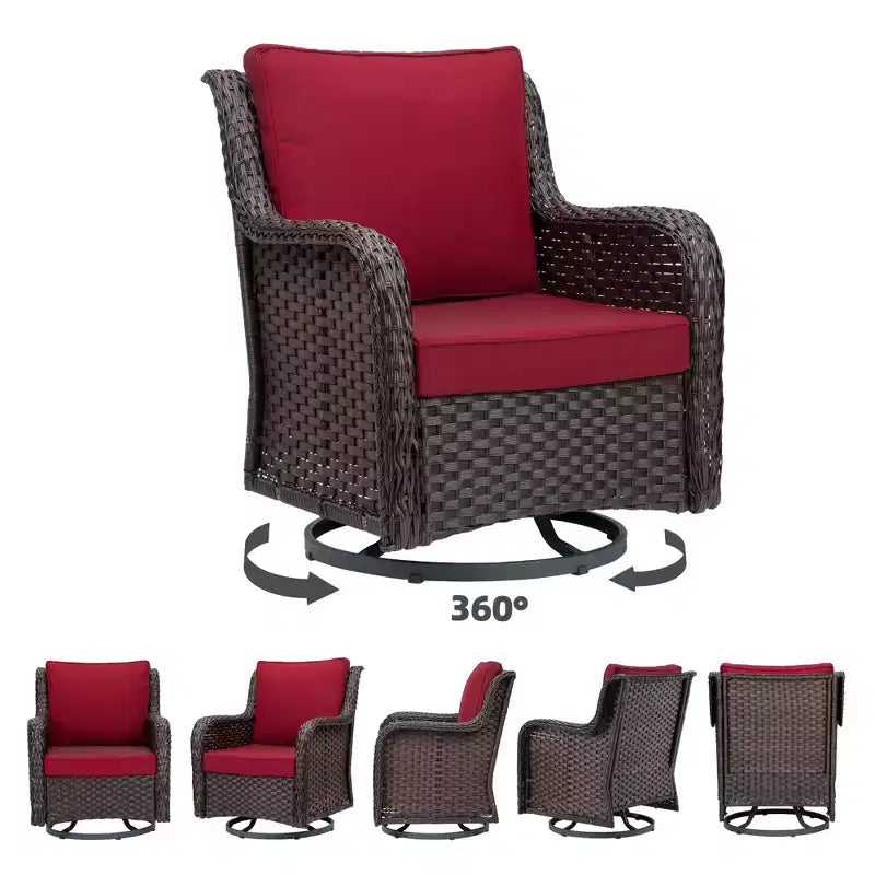 Fauteuils de jardin pivotants en osier, fauteuil à bascule pivotant à 360 degrés, 4 coussins épais et table basse, pour porche, balcon