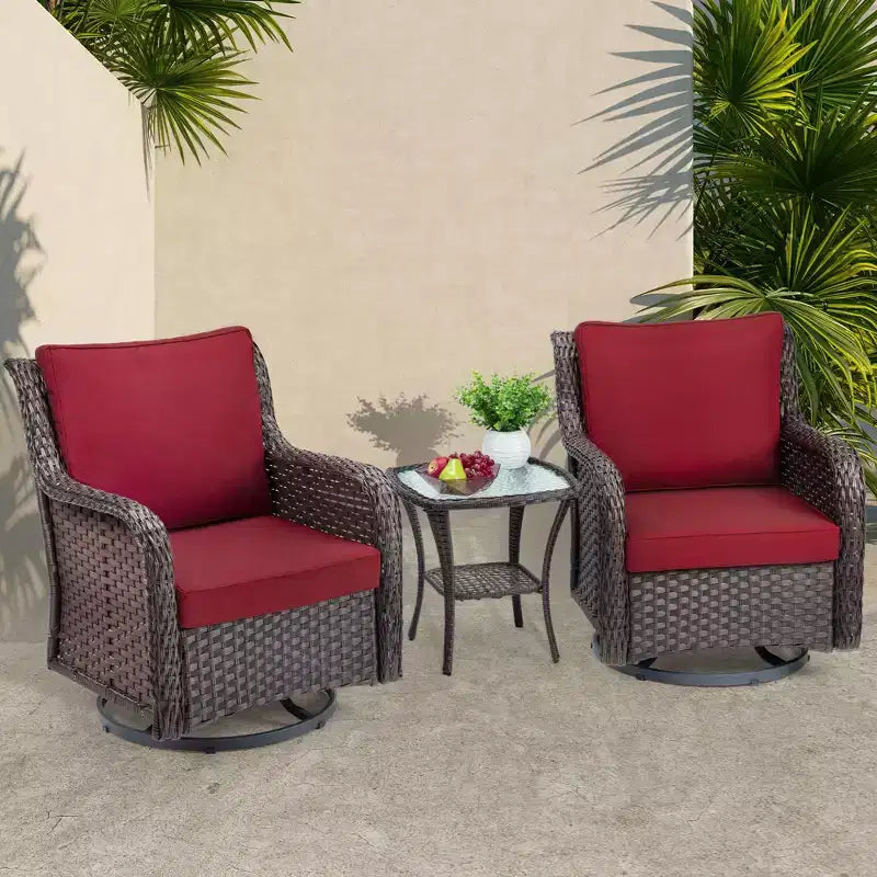 Fauteuils de jardin pivotants en osier, fauteuil à bascule pivotant à 360 degrés, 4 coussins épais et table basse, pour porche, balcon