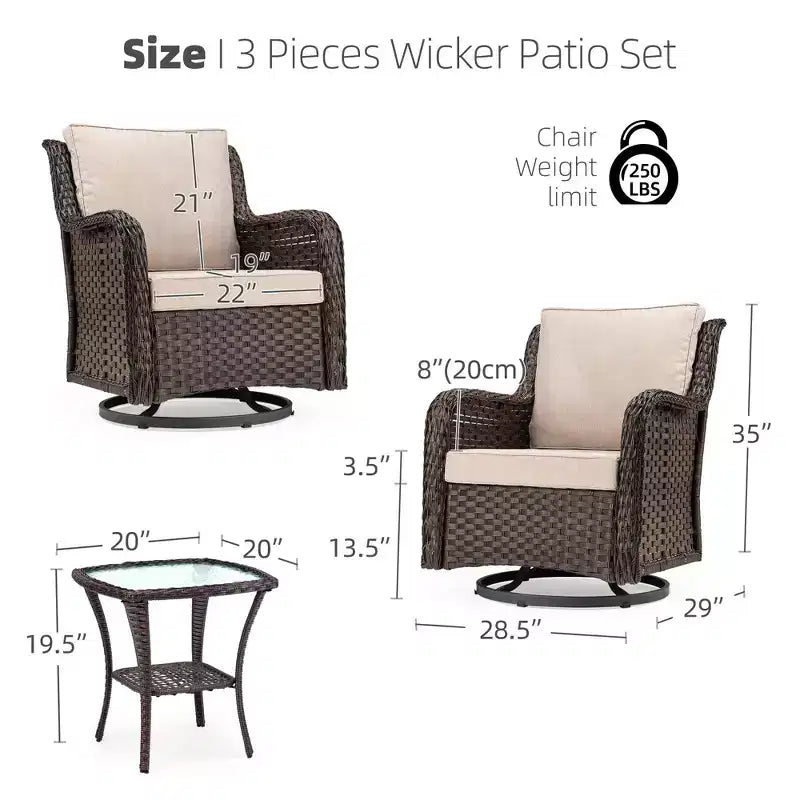 Fauteuils de jardin pivotants en osier, fauteuil à bascule pivotant à 360 degrés, 4 coussins épais et table basse, pour porche, balcon