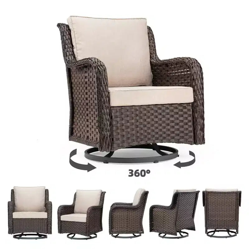 Fauteuils de jardin pivotants en osier, fauteuil à bascule pivotant à 360 degrés, 4 coussins épais et table basse, pour porche, balcon