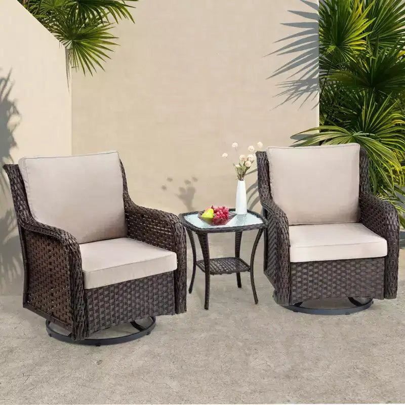 Fauteuils de jardin pivotants en osier, fauteuil à bascule pivotant à 360 degrés, 4 coussins épais et table basse, pour porche, balcon