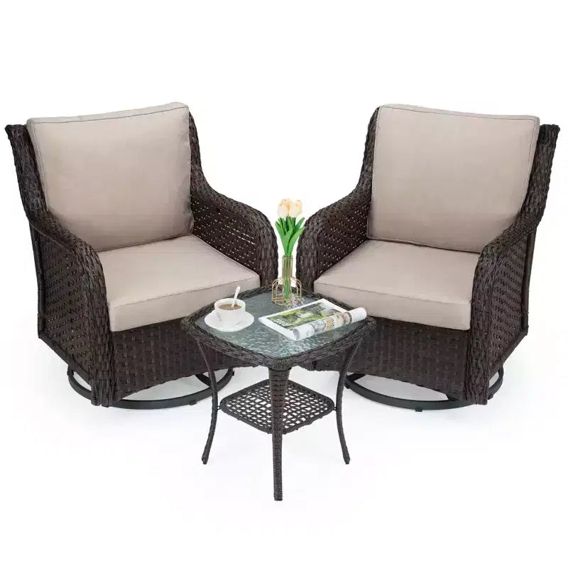 Swivel Wicker Glider Patio Chairs, 360-Degree Swivel Rocking Chair, 4 Thick Cushions and Coffee Table, for Porch, Balcony