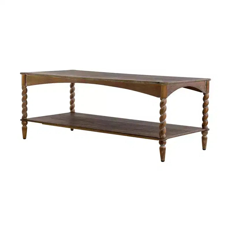 Table basse rustique en bois GDFStudio Ottilia avec pieds en spirale tournés et étagère inférieure