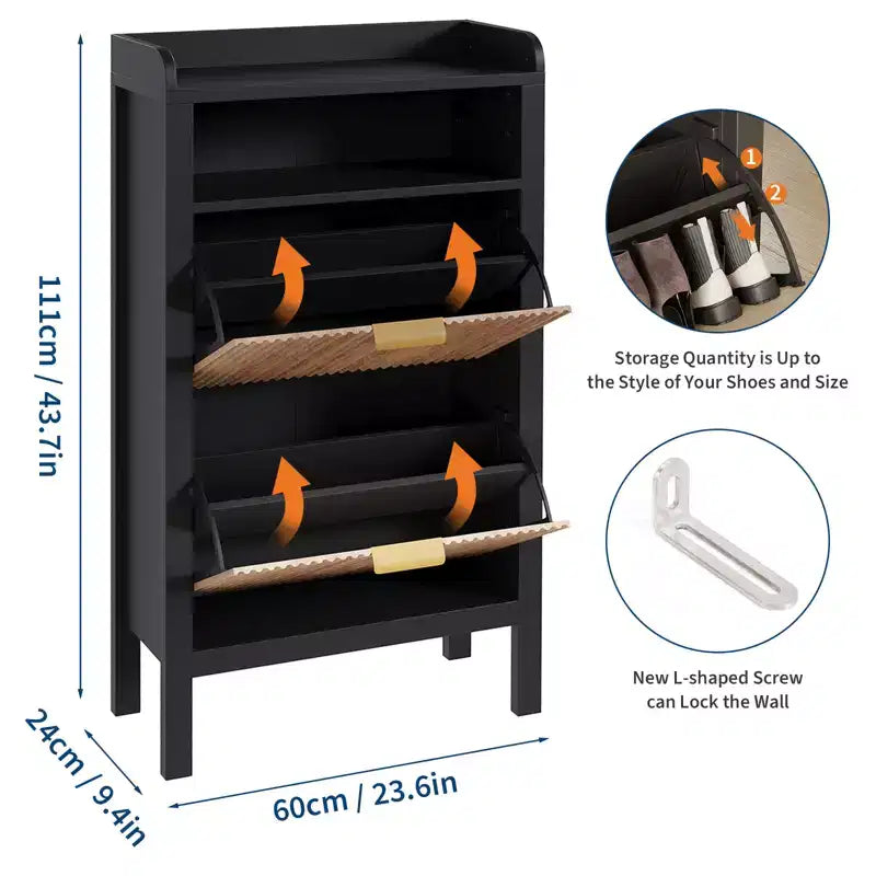 Meuble de rangement pour chaussures cannelé avec 2 tiroirs basculants – Organisateur de chaussures dissimulé étroit et autoportant avec pieds pour entrée, couloir, salon, chambre à coucher