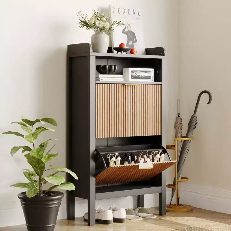 Meuble de rangement pour chaussures cannelé avec 2 tiroirs basculants – Organisateur de chaussures dissimulé étroit et autoportant avec pieds pour entrée, couloir, salon, chambre à coucher