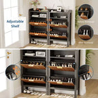 Meuble de rangement pour chaussures cannelé avec 2 tiroirs basculants – Organisateur de chaussures dissimulé étroit et autoportant avec pieds pour entrée, couloir, salon, chambre à coucher
