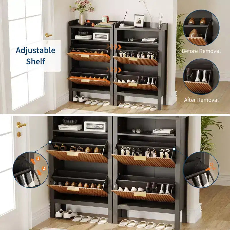 Meuble de rangement pour chaussures cannelé avec 2 tiroirs basculants – Organisateur de chaussures dissimulé étroit et autoportant avec pieds pour entrée, couloir, salon, chambre à coucher