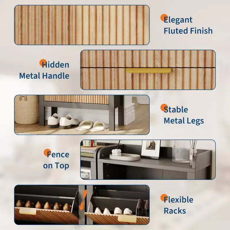 Meuble de rangement pour chaussures cannelé avec 2 tiroirs basculants – Organisateur de chaussures dissimulé étroit et autoportant avec pieds pour entrée, couloir, salon, chambre à coucher
