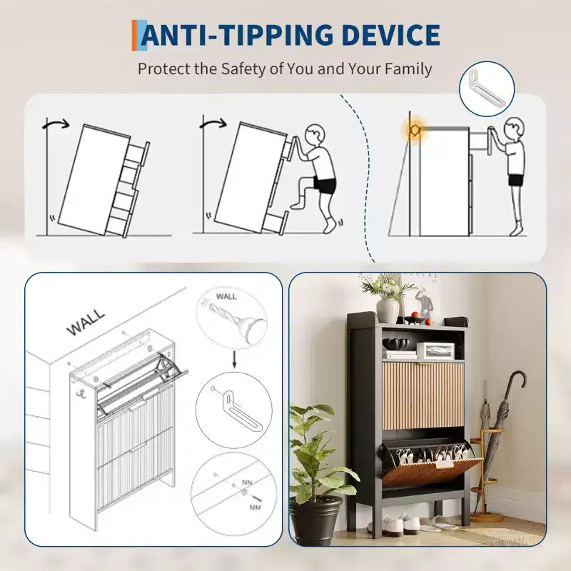 Meuble de rangement pour chaussures cannelé avec 2 tiroirs basculants – Organisateur de chaussures dissimulé étroit et autoportant avec pieds pour entrée, couloir, salon, chambre à coucher