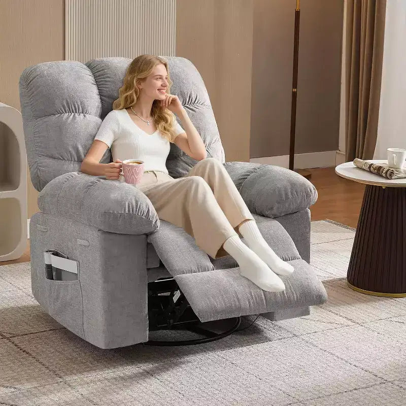 Fauteuil de massage inclinable et chauffant – Fauteuil à bascule pivotant à 360°, canapé simple surdimensionné avec vibration, port USB et poches de rangement pour salon/chambre
