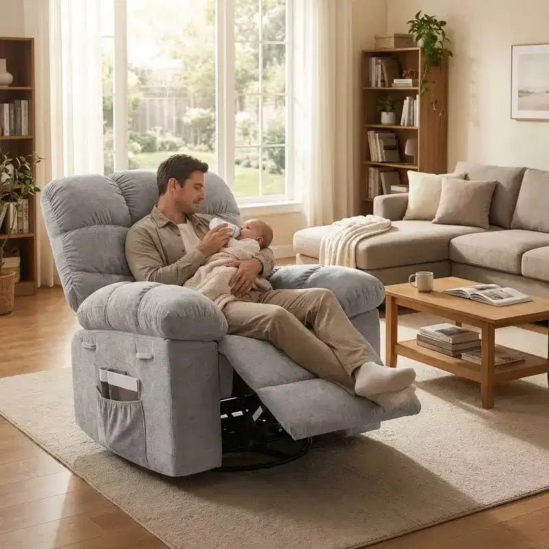 Fauteuil de massage inclinable et chauffant – Fauteuil à bascule pivotant à 360°, canapé simple surdimensionné avec vibration, port USB et poches de rangement pour salon/chambre