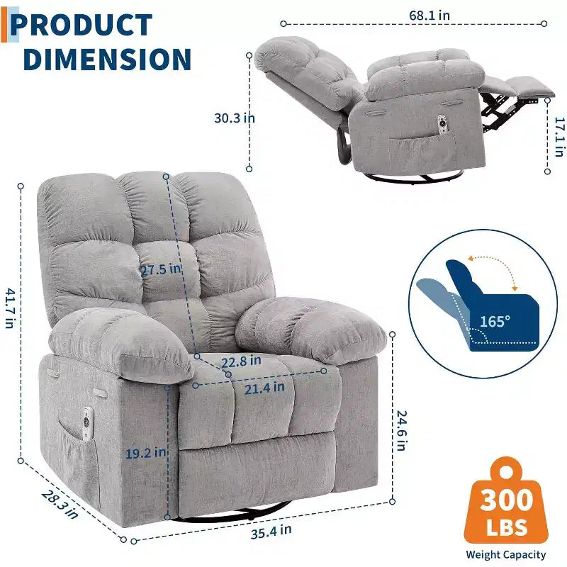 Fauteuil de massage inclinable et chauffant – Fauteuil à bascule pivotant à 360°, canapé simple surdimensionné avec vibration, port USB et poches de rangement pour salon/chambre