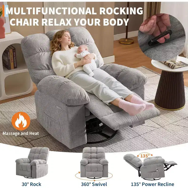 Fauteuil de massage inclinable et chauffant – Fauteuil à bascule pivotant à 360°, canapé simple surdimensionné avec vibration, port USB et poches de rangement pour salon/chambre