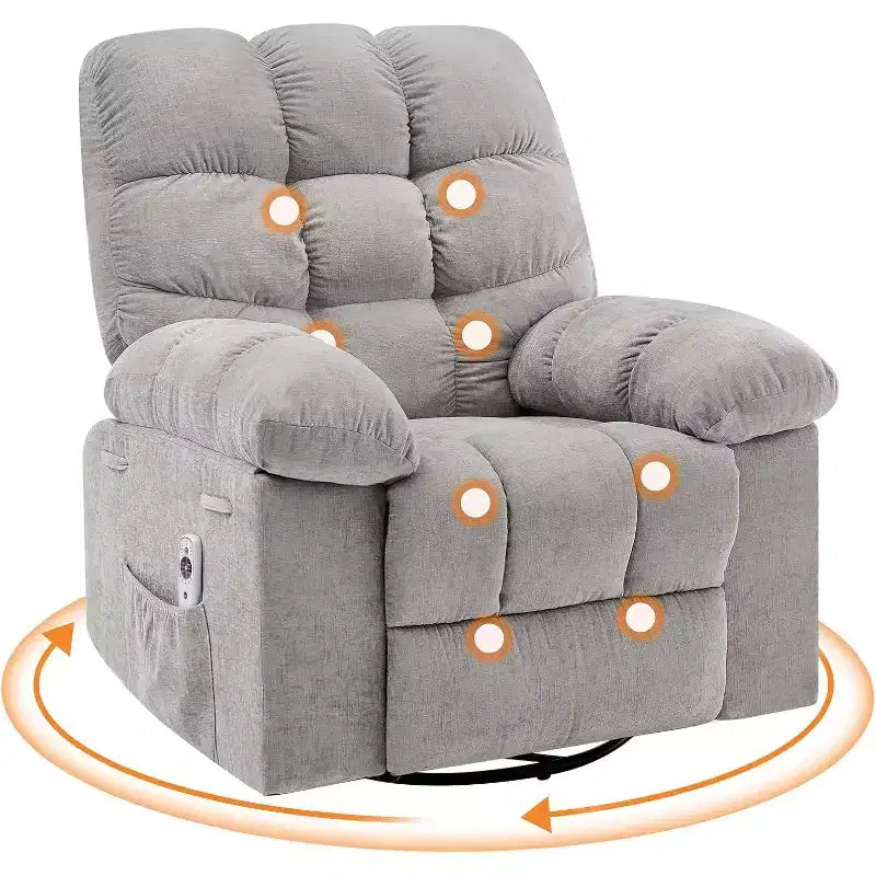 Fauteuil de massage inclinable et chauffant – Fauteuil à bascule pivotant à 360°, canapé simple surdimensionné avec vibration, port USB et poches de rangement pour salon/chambre