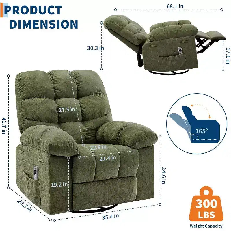 Fauteuil de massage inclinable et chauffant – Fauteuil à bascule pivotant à 360°, canapé simple surdimensionné avec vibration, port USB et poches de rangement pour salon/chambre
