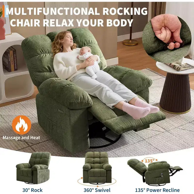 Fauteuil de massage inclinable et chauffant – Fauteuil à bascule pivotant à 360°, canapé simple surdimensionné avec vibration, port USB et poches de rangement pour salon/chambre