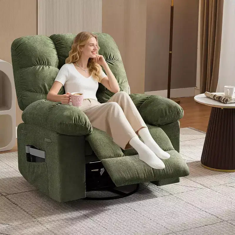 Fauteuil de massage inclinable et chauffant – Fauteuil à bascule pivotant à 360°, canapé simple surdimensionné avec vibration, port USB et poches de rangement pour salon/chambre