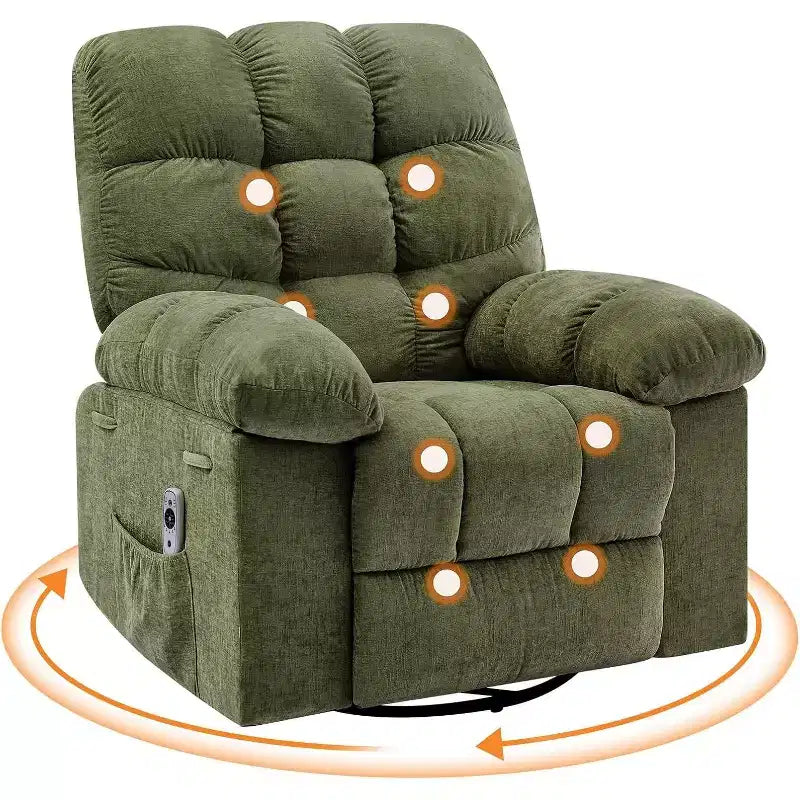 Fauteuil de massage inclinable et chauffant – Fauteuil à bascule pivotant à 360°, canapé simple surdimensionné avec vibration, port USB et poches de rangement pour salon/chambre