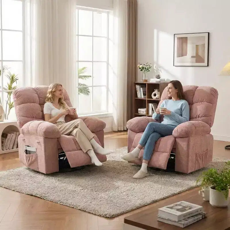 Fauteuil de massage inclinable et chauffant – Fauteuil à bascule pivotant à 360°, canapé simple surdimensionné avec vibration, port USB et poches de rangement pour salon/chambre