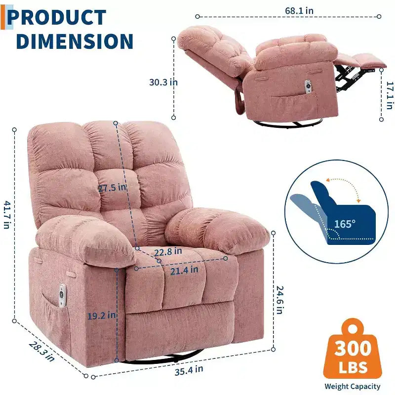 Fauteuil de massage inclinable et chauffant – Fauteuil à bascule pivotant à 360°, canapé simple surdimensionné avec vibration, port USB et poches de rangement pour salon/chambre