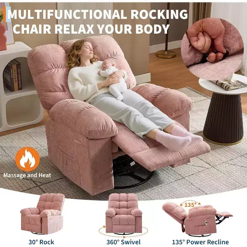 Fauteuil de massage inclinable et chauffant – Fauteuil à bascule pivotant à 360°, canapé simple surdimensionné avec vibration, port USB et poches de rangement pour salon/chambre