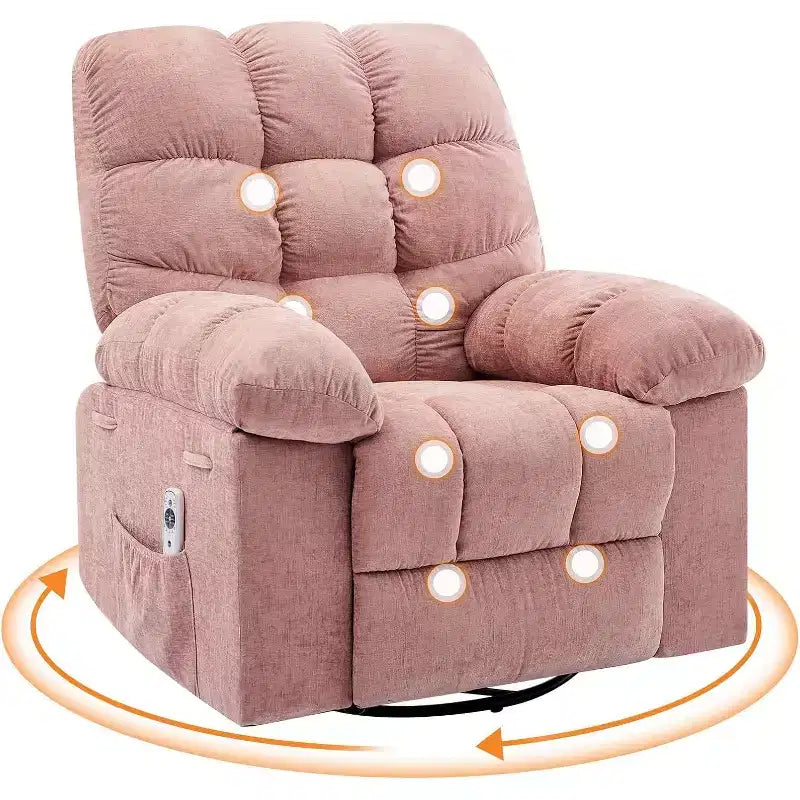 Fauteuil de massage inclinable et chauffant – Fauteuil à bascule pivotant à 360°, canapé simple surdimensionné avec vibration, port USB et poches de rangement pour salon/chambre