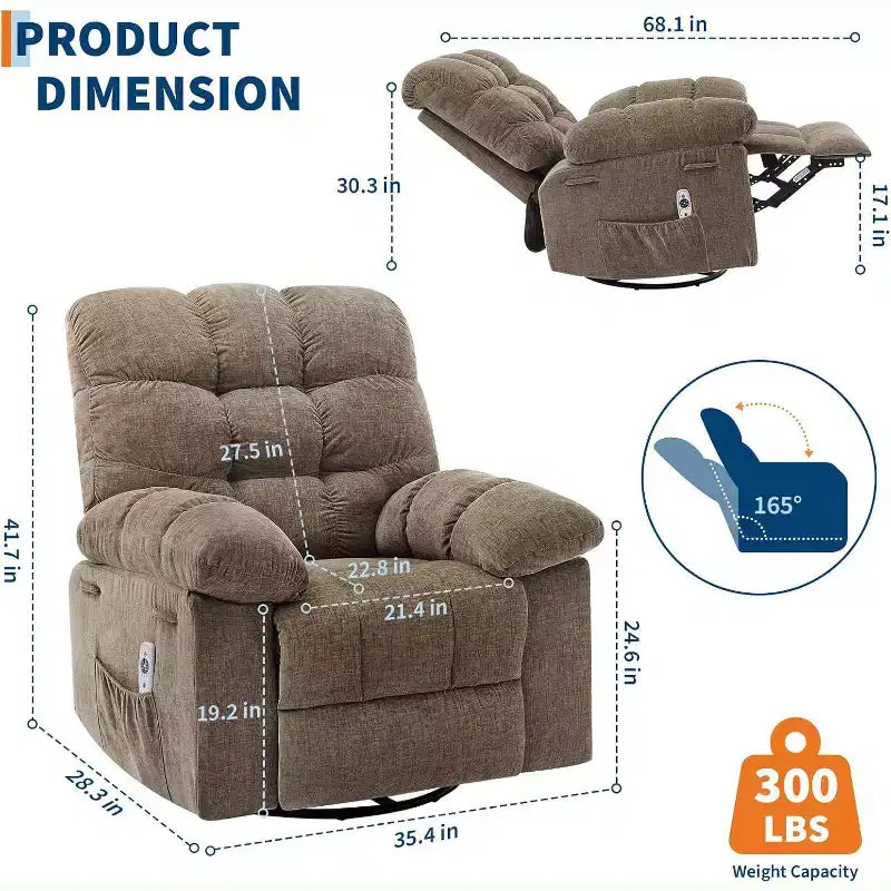 Fauteuil de massage inclinable et chauffant – Fauteuil à bascule pivotant à 360°, canapé simple surdimensionné avec vibration, port USB et poches de rangement pour salon/chambre